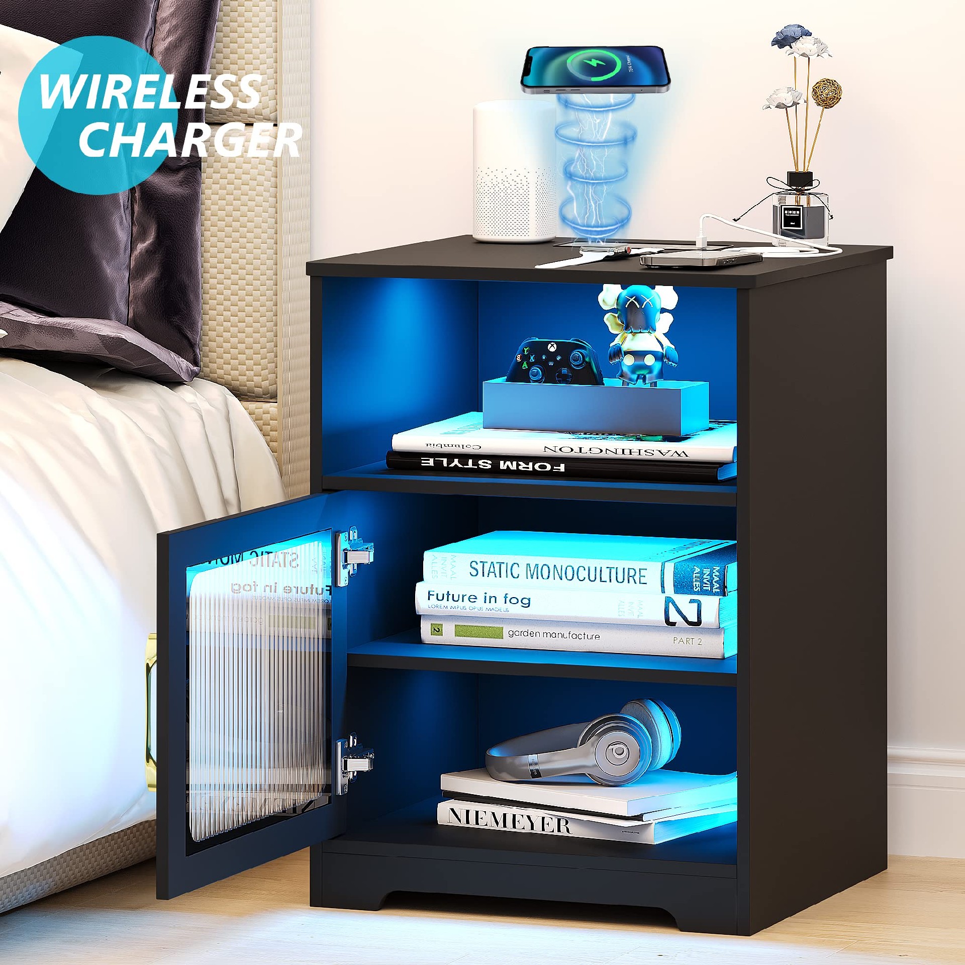 LED Nightstand with Charging Station, Smart Night Stand with Wirelss/USB/Type-C, Bedside Table with Body Sensing Lights (Black)